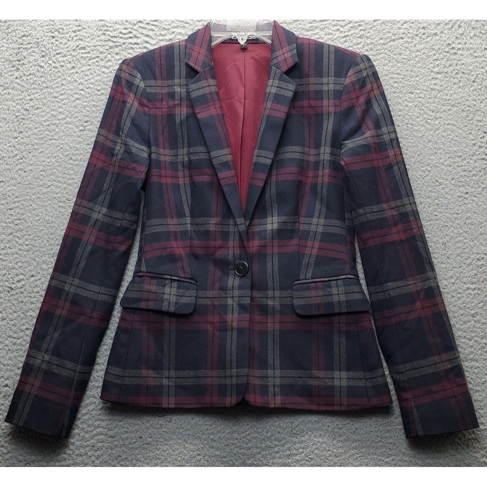 Express Blazer Womens 0 Multi Plaid Lined Single Breasted Notch Lapel One Button